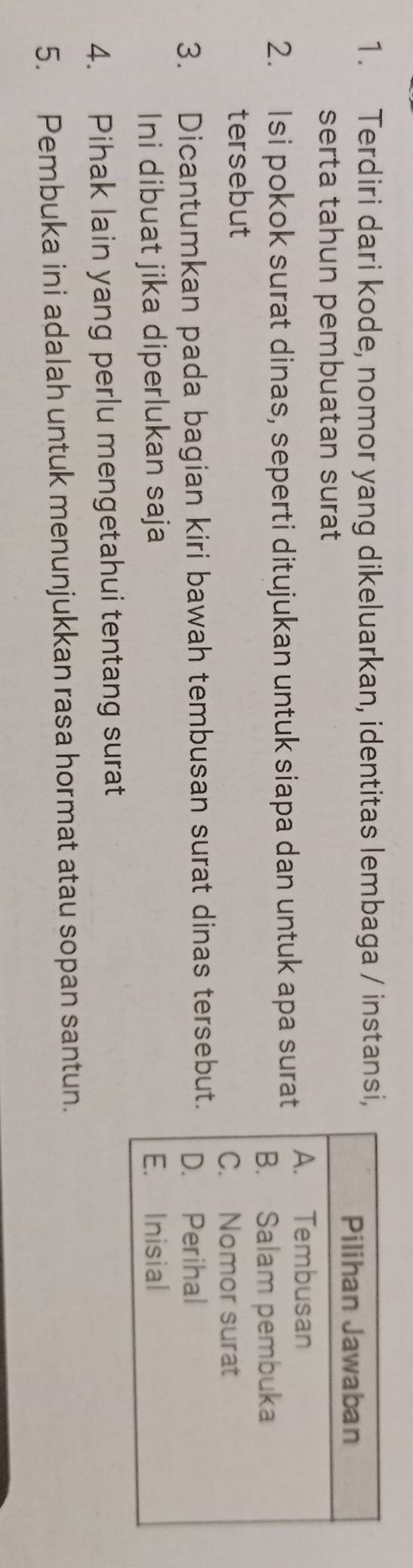 Terdiri dari kode, nomor yang dikeluarkan, identitas lembaga / instansi, 
serta tahun pembuatan surat 
2. Isi pokok surat dinas, seperti ditujukan untuk siapa dan untuk apa surat 
tersebut 
3. Dicantumkan pada bagian kiri bawah tembusan surat dinas tersebut 
Ini dibuat jika diperlukan saja 
4. Pihak lain yang perlu mengetahui tentang surat 
5. Pembuka ini adalah untuk menunjukkan rasa hormat atau sopan santun.