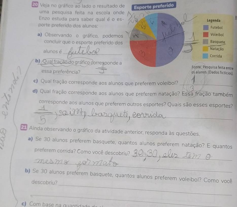 Veja no gráfico ao lado o resultado 
uma pesquisa feita na escola ond 
Enzo estuda para saber qual é o e 
porte preferido dos alunos: 
a) Observando o gráfico, podemo 
concluir que o esporte preferido do 
alunos é_ 
b Qual fração do gráfico corresponde 
essa preferência?os alunos. (Dados fictícios). 
c) Qual fração corresponde aos alunos que preferem voleibol?_ 
d) Qual fração corresponde aos alunos que preferem natação? Essa fração também 
corresponde aos alunos que preferem outros esportes? Quais são esses esportes? 
_ 
21 Ainda observando o gráfico da atividade anterior, responda às questões. 
a) Se 30 alunos preferem basquete, quantos alunos preferem natação? E quantos 
_ 
preferem corrida? Como você descobriu? 
_ 
_ 
b) Se 30 alunos preferem basquete, quantos alunos preferem voleibol? Como você 
descobriu? 
_ 
om g