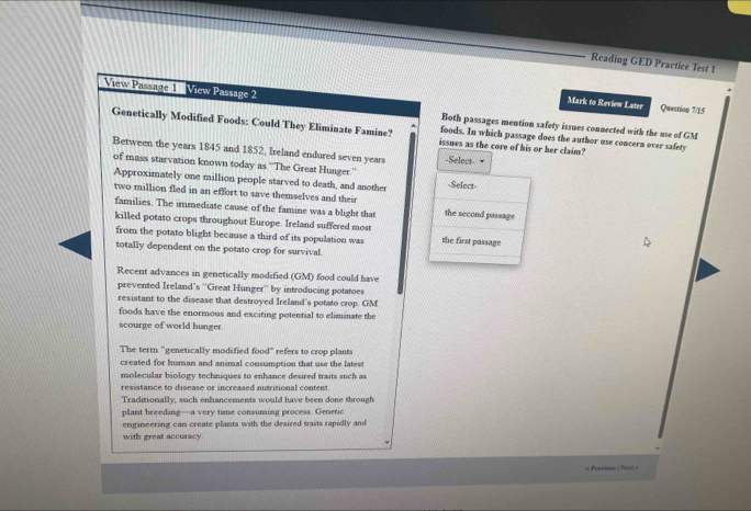 Solved: Reading GED Practice Test 1 Mark to Review Later Question 7/15 ...