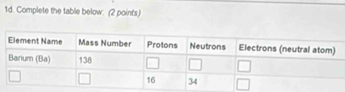 Complete the table below: (2 points)