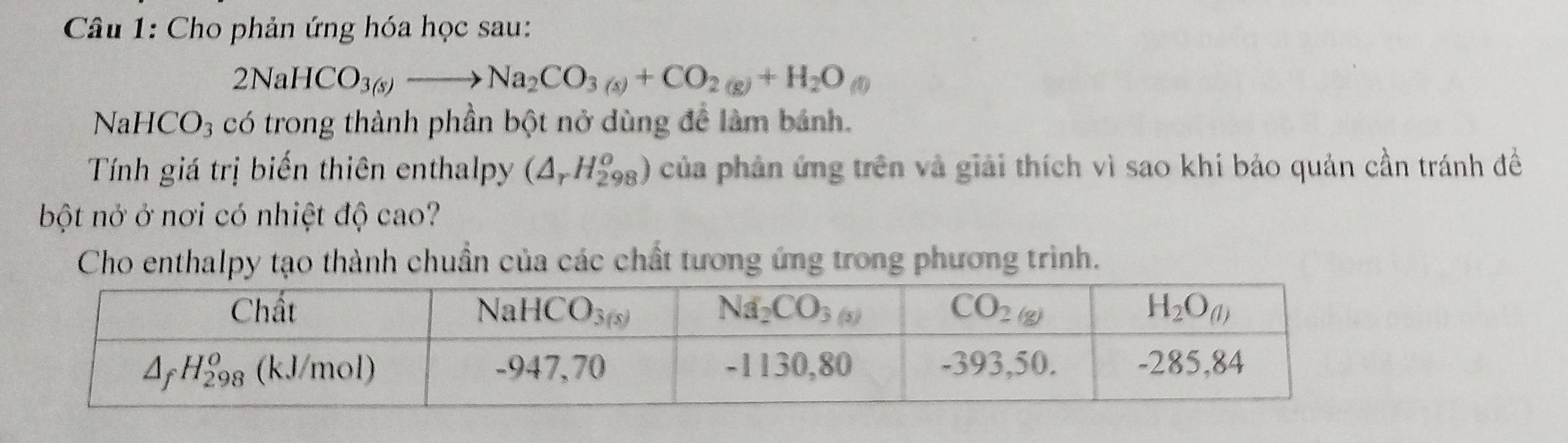 Cho phản ứng hóa học sau:
2NaHCO_3(s)to Na_2CO_3(s)+CO_2(g)+H_2O_(l)
NaHCO_3 có trong thành phần bột nở dùng để làm bánh.
Tính giá trị biến thiên enthalpy (△ _rH_(298)^o) của phản ứng trên và giải thích vì sao khi báo quản cần tránh đề
bột nở ở nơi có nhiệt độ cao?
Cho enthalpy tạo thành chuẩn của các chất tương ứng trong phương trình.