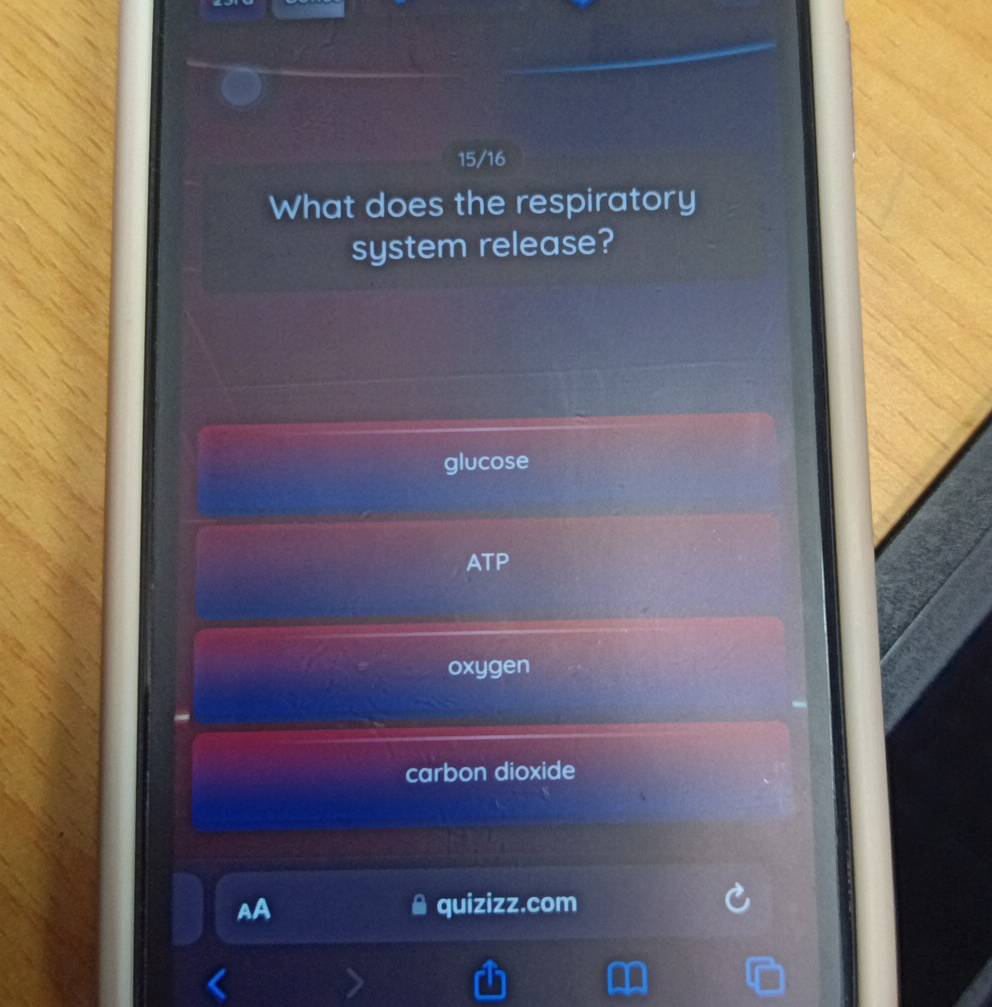 15/16
What does the respiratory
system release?
glucose
ATP
oxygen
carbon dioxide
AA quizizz.com