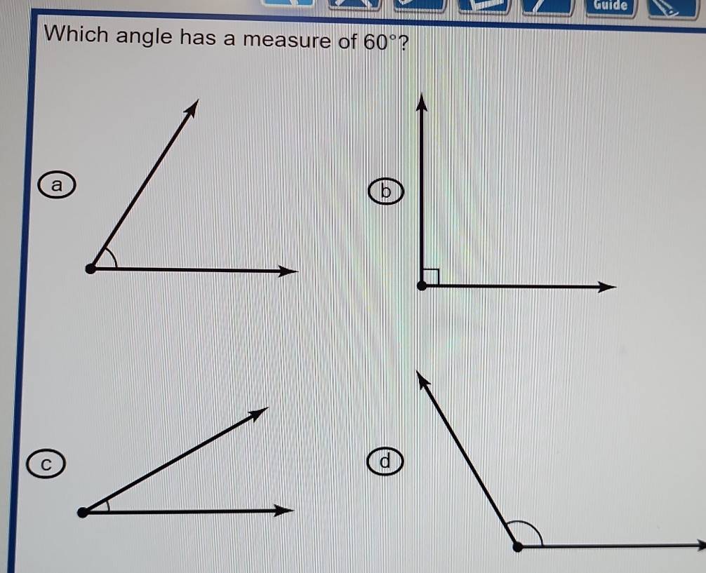 Guide 
Which angle has a measure of 60° ?