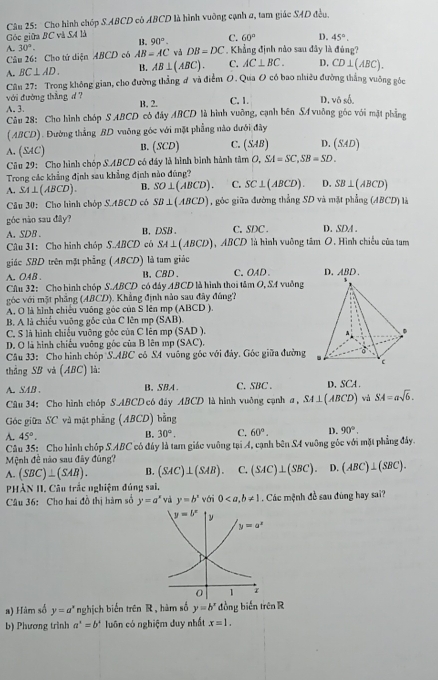 Cho hình chóp S.ABCD có ABCD là hình vuỡng cạnh a, tam giác SAD đều,
Góc giữa BC và SA là
B. 90°. C. 60° D. 45°.
A. 30°. AB=AC và DB=DC , Khẳng định nào sau đây là đúng?
Câu 26: Cho tứ diện ABCD có
A. BC⊥ AD. B. AB⊥ (ABC). C. AC⊥ BC. D. CD⊥ (ABC).
Cân 27: Trọng không gian, cho đường thẳng ơ và điểm O. Qua O có bao nhiều đường thắng vuỡng góc
với đường thắng d B. 2. C. 1. D. vô số.
A. 3.
Câu 28: Cho hình chóp S ABCD có đây ABCD là hình vuỡng, cạnh bên SA vuỡng góc với mặt phẳng
(ABCD). Đường thẳng BD vuông góc với mặt phẳng nào dưới đây
A. (SAC) B. (SCD) C. SAE D. (SAD)
Cũu 29: Cho hình chóp SABCD có đây là hình bình hành tâm O,SA=SC,SB=SD.
Trong các khẳng định sau khẳng định nào đũng?
A. SA⊥ (ABCD B. SO⊥ (ABCD). C. SC⊥ (ABCD). D. SB⊥ (ABCD)
Câu 30: Cho hình chóp S.ABCD có SB⊥ (ABCD) , góc giữa đường thẳng SD và mặt phẳng (ABCD) là
góe nào sau đây?
A. SDB . B, DSB . C. SDC . D. SDA .
Câu 31: Cho hình chóp S.ABCD có SA⊥ (ABCD) ABCD 9 là hình vuỡng tâm O. Hình chiều của tam
giác SBD trên mặt phẳng (ABCD) là tam giác
A. O.4B . B. CBD 、 C、OAD 、 D.ABD.
CAu 32: Cho hình chóp S.ABCD có đây ABCD là hình thoi tâm O, S4 vuồng
vóc với mặt phẳng (ABCD). Khẳng định nào sau đây đúng?
A. O là hình chiều vuống góc của S lên mp (ABCD )
B. A là chiếu vuông gốc của C lên mp (SAB).
C. S là hình chiếu vuỡng gốc của C lên mp (SAD ).
D. O là hình chiếu vuông gốc của B lên mp (SAC).
Câu 33: Cho hình chóp S.ABC cô S4 vuông góc với đảy. Góc giữa đường
thẳng SB và (ABC) là:
A. SAB . B. SBA . C. SBC . D. SCA .
Câu 34: Cho hình chóp S.ABCD có đây ABCD là hình vuởng cạnh a , SA⊥ (ABCD) và SA=asqrt(6).
Góc giữa SC và mặt phẳng (ABCD) bằng
A. 45°.
B. 30°. C. 60°. D. 90°.
Câu 35: Cho hình chóp S.ABC có đây là tam giác vuỡng tại A, cạnh bên SA vuỡng góc với mặt phẳng đẩy.
Mệnh đề nào sau đây đúng?
A. (SBC)⊥ (SAB). B. (SAC)⊥ (SAB). C. (SAC)⊥ (SBC). D. (ABC)⊥ (SBC).
PHÀN II. Câu trắc nghiệm đúng sai.
Câu 36: Cho hai đồ thị hàm số y=a^x và y=b^x với 0 Các mệnh đề sau đùng hay sai?
a) Hàm số y=a^x nghịch biến trên R , hàm số y=b^x đồng biến trên R
b) Phương trình a^x=b^x luôn có nghiệm duy nhất x=1.