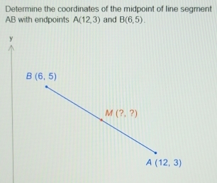 Determine the coordinates of the midpoint of line segment
AB with endpoints A(12,3) and B(6,5).