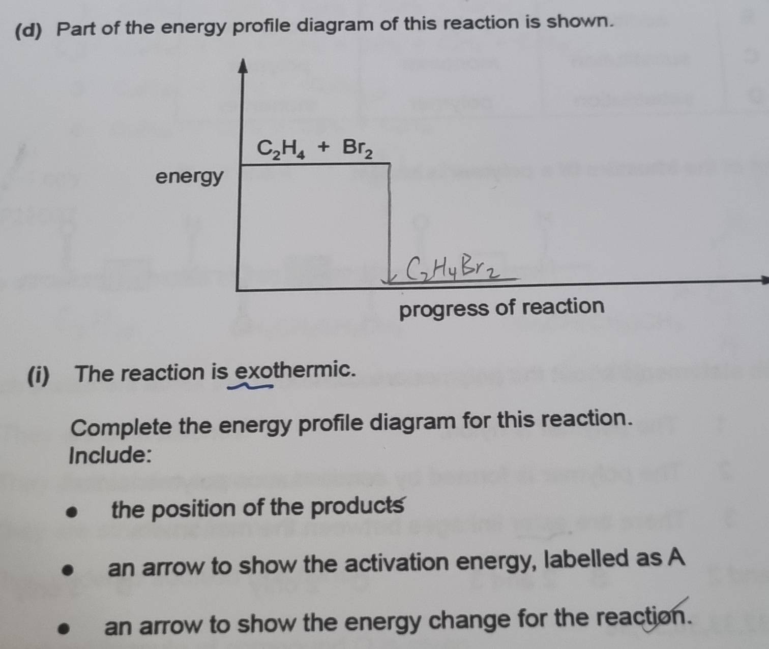 Part of the energy profile diagram of this reaction is shown.
C_2H_4+Br_2
energy 
progress of reaction 
(i) The reaction is exothermic. 
Complete the energy profile diagram for this reaction. 
Include: 
the position of the products 
an arrow to show the activation energy, labelled as A 
an arrow to show the energy change for the reaction.