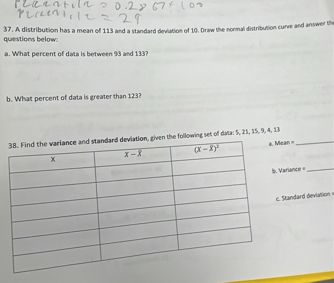 A distribution has a mean of 113 and a standard deviation of 10. Draw the normal distribution curve and answer th
questions below:
a. What percent of data is between 93 and 133?
b. What percent of data is greater than 123?
the following set of data: 5, 21, 15, 9, 4, 13_
an =
riance =_
tandard deviation =