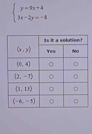 beginarrayl y=9x+4 3x-2y=-8endarray.