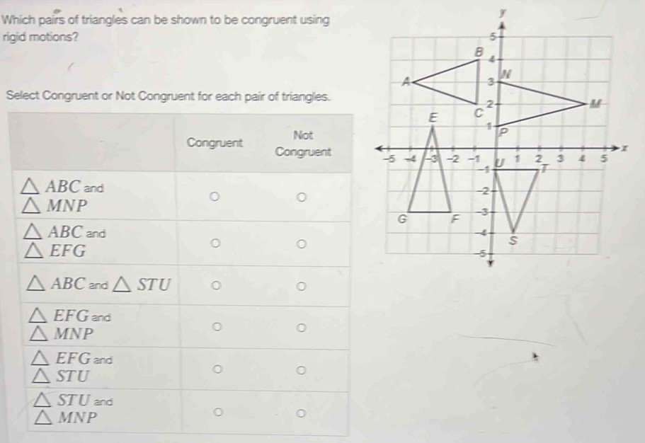 Which pairs of triangles can be shown to be congruent using
y
rigid motions? 
Select Congruent or Not Congruent for each pair of triangles.