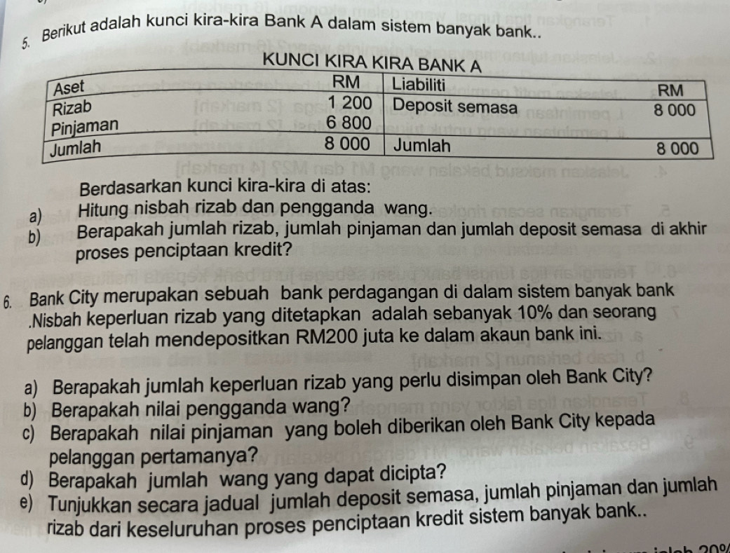 Berikut adalah kunci kira-kira Bank A dalam sistem banyak bank.. 
Berdasarkan kunci kira-kira di atas: 
a) Hitung nisbah rizab dan pengganda wang. 
b) Berapakah jumlah rizab, jumlah pinjaman dan jumlah deposit semasa di akhir 
proses penciptaan kredit? 
6. Bank City merupakan sebuah bank perdagangan di dalam sistem banyak bank 
.Nisbah keperluan rizab yang ditetapkan adalah sebanyak 10% dan seorang 
pelanggan telah mendepositkan RM200 juta ke dalam akaun bank ini. 
a) Berapakah jumlah keperluan rizab yang perlu disimpan oleh Bank City? 
b) Berapakah nilai pengganda wang? 
c) Berapakah nilai pinjaman yang boleh diberikan oleh Bank City kepada 
pelanggan pertamanya? 
d) Berapakah jumlah wang yang dapat dicipta? 
e) Tunjukkan secara jadual jumlah deposit semasa, jumlah pinjaman dan jumlah 
rizab dari keseluruhan proses penciptaan kredit sistem banyak bank..