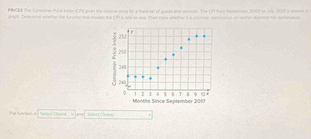 PRICES The Consumer Price Index (CPI) gives the relative price for a fixed set of goods and services. The CPI from September, 2000 to July, 2001 is shown in 
graph. Determine whether the function that models the CPI is one-to-one. Then state whether it is discrere, continuous, or neither discrete nor continuous.
252 y
250
a 248 5 6 7 8 9 10 x
246
0 1 2 3 4
Months Since September 2017
The function is Select Choice and Select Choice