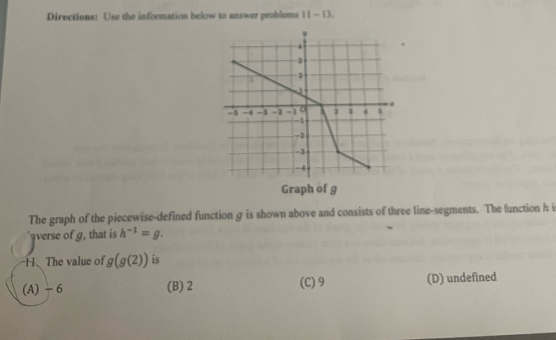 Directions: Use the information below to answer problems 11-13. 
Graph of g
The graph of the piecewise-defined function g is shown above and consists of three line-segments. The function h i
averse of g, that is h^(-1)=g. 
H、The value of g(g(2)) is
(C) 9
(A) - 6 (B) 2 (D) undefined