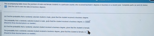 The accompanying table shows the gembers of male and terale students in a particular country who received bachelar's degrees in business in a recent year. Complete parts (a) and (b) below 
Click the icon to view the data on business degrees. 
(a) Find the probability that a randorsly solected student is malo, given that the shident received a business degree. 
The probability that a randamly selected sludest is male, given that the student received a business degre, is 0.525°. 
dound to tuse decimal places as needed ! 
(b) Fivd the probability that a randomly selected vtudent received a beaness degree, given that the student is female. 
The probebility that a randomly sellected student received a business degree, given that the sludent is ferale, il 
(Round to three decimal places as seeded.)