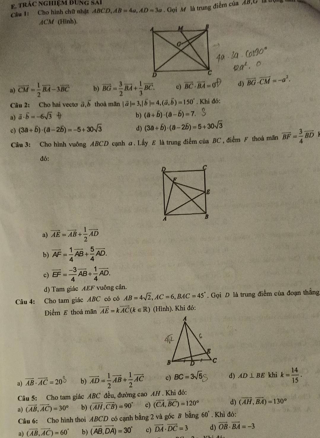 TRÁC NGHIỆM ĐUNG SAi
Câu 1: Cho hình chữ nhật 2 ABC D AB=4a,AD=3a Gọi M là trung điểm của AB,C l tọng 
ACM (Hình).
a) vector CM= 1/2 vector BA-3vector BC b) vector BG= 3/2 vector BA+ 1/3 vector BC. c) vector BC· vector BA=0 d) vector BG· vector CM=-a^2.
Câu 2: Cho hai vectơ vector a,vector b thoả mãn |vector a|=3,|vector b|=4,(vector a,vector b)=150°. Khi đó:
a) vector a· vector b=-6sqrt(3) b) (vector a+vector b)· (vector a-vector b)=7.
c) (3a+vector b)· (vector a-2vector b)=-5+30sqrt(3)
d) (3a+hat b)· (vector a-2hat b)=5+30sqrt(3)
Câu 3: Cho hình vuông ABCD cạnh a. Lấy E là trung điểm của BC , điểm F thoá mãn overline BF= 3/4 overline BD L
đó:
a) vector AE=vector AB+ 1/2 vector AD
b) vector AF= 1/4 vector AB+ 5/4 vector AD.
c) vector EF= (-3)/4 vector AB+ 1/4 vector AD.
d) Tam giác AEF vuông cân.
Câu 4: Cho tam giác ABC có có AB=4sqrt(2),AC=6,BAC=45°. Gọi D là trung điểm của đoạn thẳng
Điểm E thoả mãn vector AE=kvector AC(k∈ R) (Hình). Khi đó:
a) vector AB· vector AC=20 b) overline AD= 1/2 overline AB+ 1/2 overline AC c) BC=3sqrt(5) d) AD⊥ BE khi k= 14/15 .
Câu 5: Cho tam giác ABC đều, đường cao AH . Khi đó:
a) (vector AB,vector AC)=30° b) (overline AH,vector CB)=90° c) (vector CA,vector BC)=120° d) (vector AH,vector BA)=130°
Câu 6: Cho hình thoi ABCD có cạnh bằng 2 và góc B bằng 60°. Khi đó:
a) (vector AB,vector AC)=60° b) (vector AB,vector DA)=30° c) vector DA· vector DC=3 d) vector OB· vector BA=-3