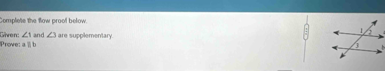 Complete the flow proof below. 
Given: ∠ 1 and ∠ 3 are supplementary. 
Prove: aparallel b