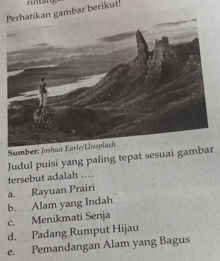 rintang
tikan gambar berikut!
Sumber: Joshua Ea
Judul puisi yang paling tepat sesuai gambar
tersebut adalah …
a. Rayuan Prairi
b. Alam yang Indah
c. Menikmati Senja
d. Padang Rumput Hijau
e. Pemandangan Alam yang Bagus