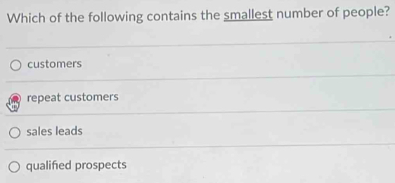 Which of the following contains the smallest number of people?
customers
repeat customers
sales leads
qualifed prospects