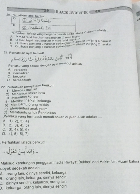 Insan Cendekia
24
fadz yang bergaris bawah pada O dan P adalah
A P mad 'arid lissukun sedangkan O mad layyin
B O mad layyin sedangkan P mad and lissukun
C. O dibaca panjang 2 harakal sedangkan P dibaca panjang 6 harakal
D. O dibaca panjang 6 harakal sedangkan P dibaca panjang 2 harakat
21. Perhatikan ayat berikut!
Perilaku yang sesuai dengan ayat tersebut adalah
A berbisnis
B. bernadzar
C. berzakat
D. bersedekah
22. Perhatikan pernyataan berikut!
1) Membeli mainan
2) Menonton sepak bola
3) Menonton konser
4) Memberi nafkah keluarga
5 Membantu orang miskin
6) Menyantuni anak yatim
7) Membantu untuk Pendidikan
Perilaku yang termasuk menafkahkan di jalan Allah adalah
A. 1), 2), 3),4)
B. 2), 3), 4), 5)
C. 3),4), 5), 6)
D. 4), 5), 6), 7)
Perhatikan lafadz berikut!
.. , s gaiys...
Maksud kandungan penggalan hadis Riwayat Bukhori dari Hakim bin Hizam bahwa
obyek sedekah adalah ....
A. orang lain, dirinya sendiri, keluarga
B. orang lain, keluarga, dirinya sendiri
C. dirinya sendiri, keluarga, orang lain
D. keluarga, orang lain, dirinya sendiri