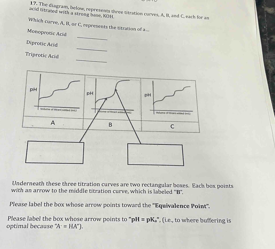 The diagram, below, represents three titration curves, A, B, and C, each for an 
acid titrated with a strong base, KOH. 
Which curve, A, B, or C, represents the titration of a... 
_ 
Monoprotic Acid 
_ 
Diprotic Acid 
_ 
Triprotic Acid
H
pH
oume of ttrant added end of thrant added (mL ] 
A 
B
C
Underneath these three titration curves are two rectangular boxes. Each box points 
with an arrow to the middle titration curve, which is labeled “ B ”. 
Please label the box whose arrow points toward the “Equivalence Point”. 
Please label the box whose arrow points to “ pH=pK_a ”, (i.e., to where buffering is 
optimal because ‘ A^-=HA'').