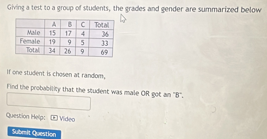 Giving a test to a group of students, the grades and gender are summarized below 
If one student is chosen at random, 
Find the probability that the student was male OR got an ''B''. 
Question Help: Video 
Submit Question