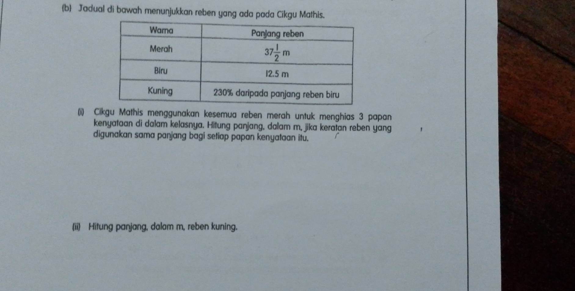 b Jadual di bawah menunjukkan reben yang ada pada Cikgu Mathis.
(i) Cikgu Mathis menggunakan kesemua reben merah untuk menghias 3 papan
kenyatoan di dalam kelasnya. Hitung panjang, dalam m, jika keratan reben yang
digunakan sama panjang bagi setiap papan kenyataan itu.
(ii) Hitung panjang, dalam m, reben kuning.