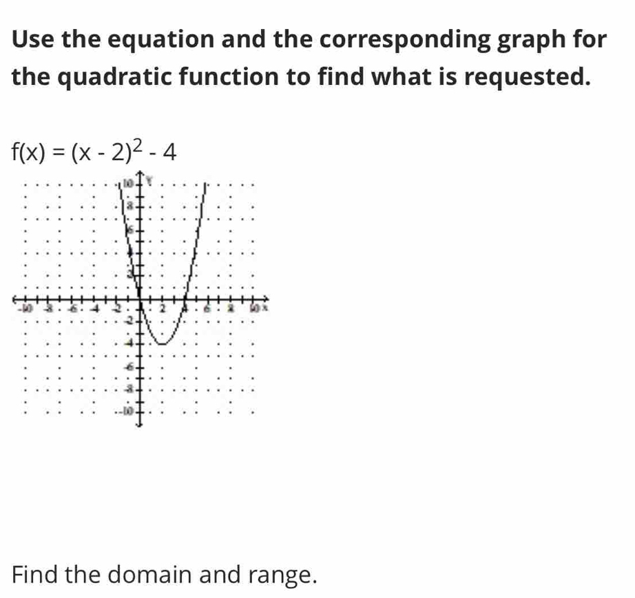 Use the equation and the corresponding graph for 
the quadratic function to find what is requested.
f(x)=(x-2)^2-4
Find the domain and range.