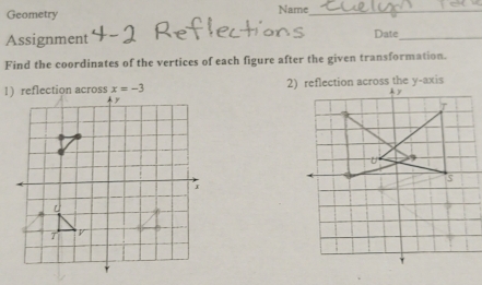 Geometry Name_
Assignment Date_
Find the coordinates of the vertices of each figure after the given transformation.