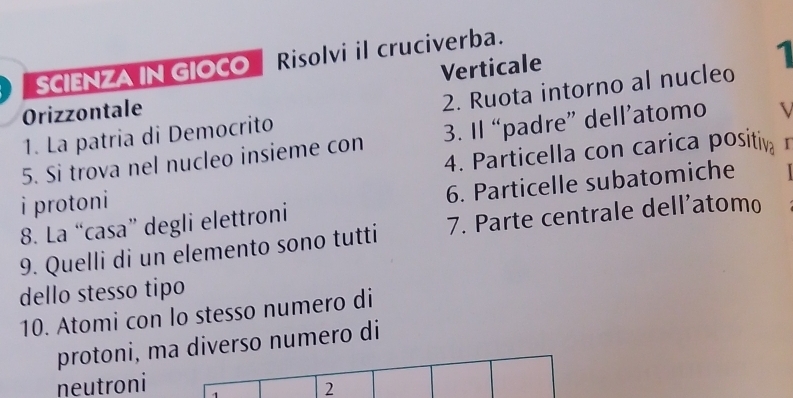 SCIENZA IN GIOCO Risolvi il cruciverba. 
Orizzontale Verticale 
1 
1. La patría di Democrito 2. Ruota intorno al nucleo 
5. Si trova nel nucleo insieme con 3. Il “padre” dell’atomo 
4. Particella con carica positiv I 
i protoni 
8. La “casa” degli elettroni 6. Particelle subatomiche 
9. Quelli di un elemento sono tutti 7. Parte centrale dell'atomo 
dello stesso tipo 
10. Atomi con lo stesso numero di 
protoni, ma diverso numero di 
neutroni