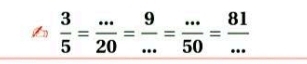  3/5 = (...)/20 = 9/... = (...)/50 = 81/... 