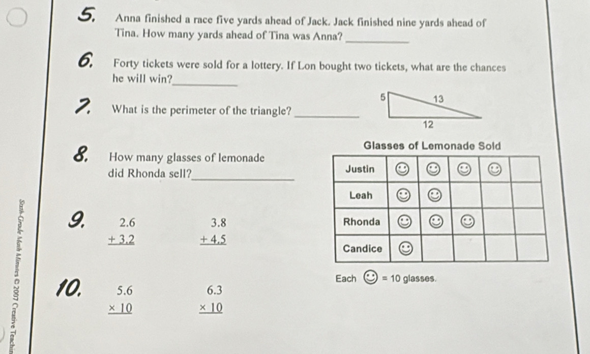 Anna finished a race five yards ahead of Jack. Jack finished nine yards ahead of
Tina. How many yards ahead of Tina was Anna?_
6. Forty tickets were sold for a lottery. If Lon bought two tickets, what are the chances
he will win?
_
2. What is the perimeter of the triangle?_
Glasses of Lemonade Sold
8. How many glasses of lemonade
did Rhonda sell?_ 
9. beginarrayr 2.6 +3.2 hline endarray
beginarrayr 3.8 +4.5 hline endarray
10.
Each □ =10glasses.
beginarrayr 5.6 * 10 hline endarray
beginarrayr 6.3 * 10 hline endarray