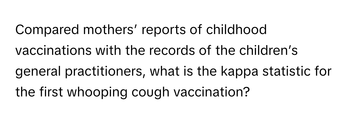 Compared mothers’ reports of childhood vaccinations with the records of the children’s general practitioners, what is the kappa statistic for the first whooping cough vaccination?