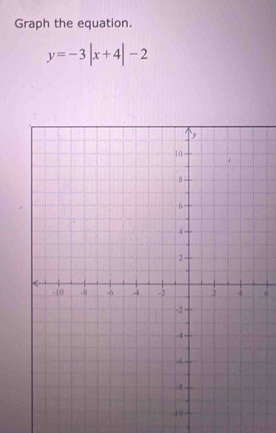 Graph the equation.
y=-3|x+4|-2
6