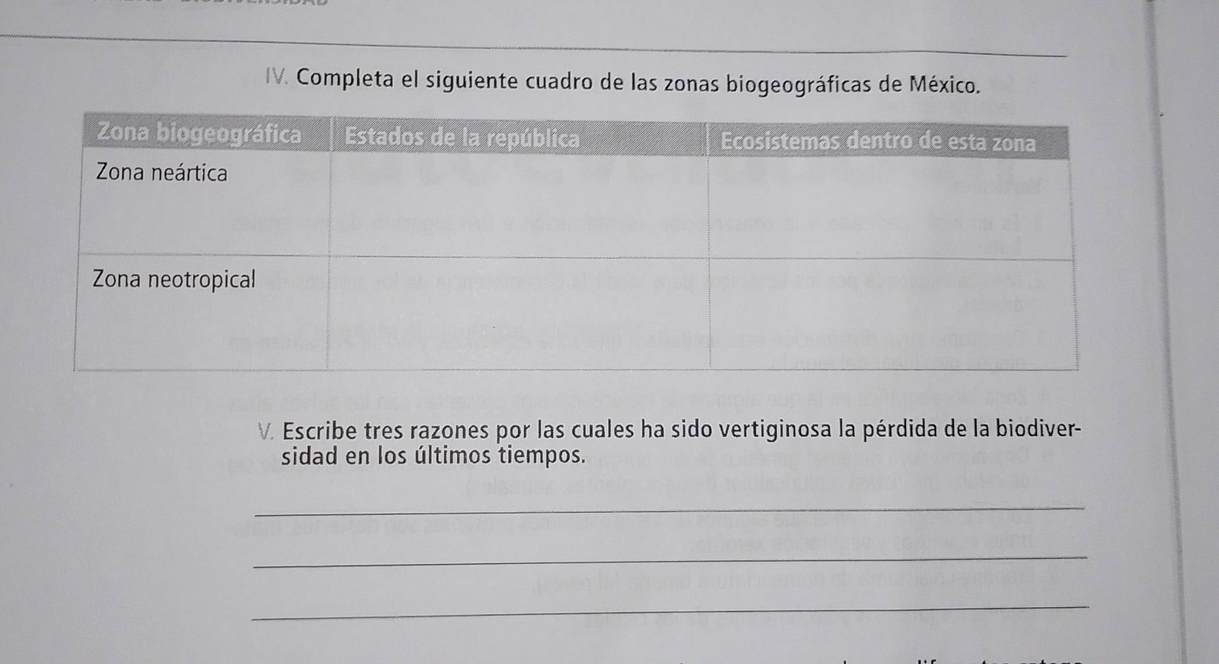 Completa el siguiente cuadro de las zonas biogeográficas de México. 
V. Escribe tres razones por las cuales ha sido vertiginosa la pérdida de la biodiver- 
sidad en los últimos tiempos. 
_ 
_ 
_