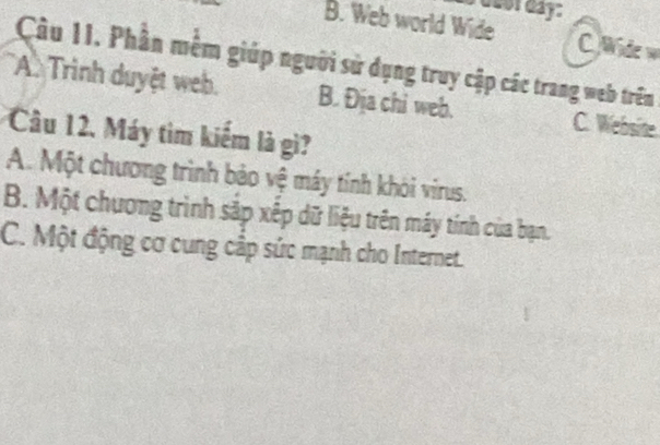 cor day:
B. Web world Wide C. Wide 
Câu 11. Phần mềm giúp người sử dụng truy cập các trang web trên
A. Trình duyệt web. B. Địa chỉ web. C. Website.
Câu 12. Máy tìm kiếm là gì?
A. Một chương trình bảo vệ máy tính khỏi virus.
B. Một chương trình sắp xếp dữ liệu trên máy tính của bạn.
C. Một động cơ cung cấp sức mạnh cho Internet.
