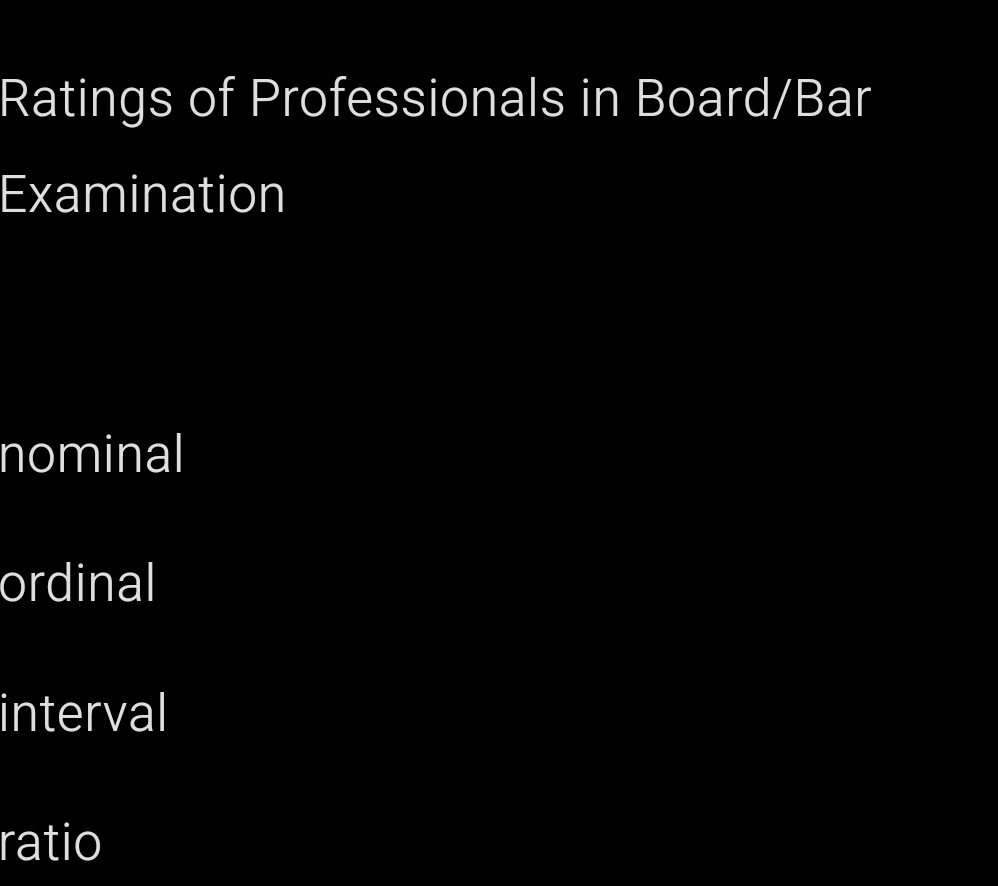 Ratings of Professionals in Board/Bar
Examination
nominal
ordinal
interval
ratio