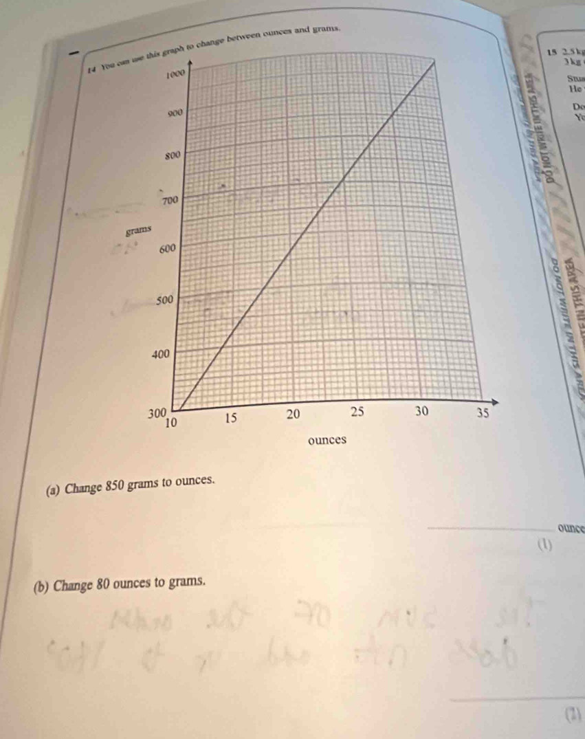 You ces and grams 
15 2.5k
3 kg
Stua 
He 
Do 
Yọ 
5 
。 
(a) Change 850 grams to ounces.
ounce
(b) Change 80 ounces to grams. 
(2)