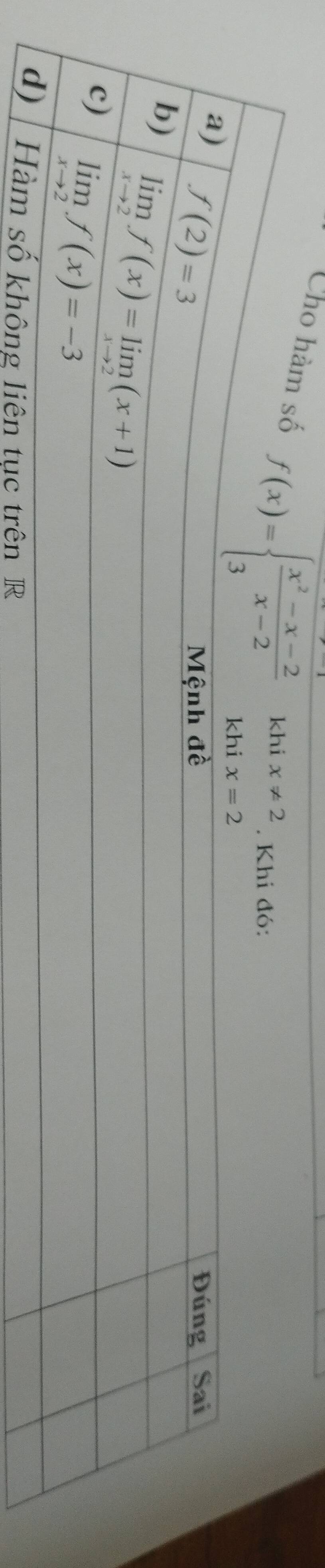 Cho hàm số f(x)=beginarrayl  (x^2-x-2)/x-2  3endarray.
khi x!= 2. Khi đó: