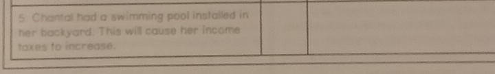 Chantal had a swimming pool installed in 
her backyard. This will cause her income 
taxes to increase.