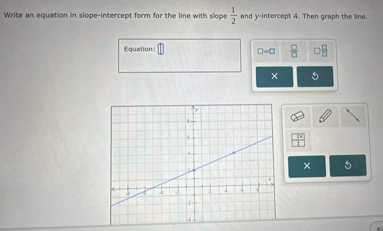 Write an equation in slope-intercept form for the line with slope  1/2  and y-intercept 4. Then graph the line. 
Equation:
□ =□  □ /□   □  □ /□  
×
+beginarrayr 3x 1endarray
× 5 
ς