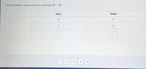 Use the place-value chart to subtract 59-28
1 2 3 4 5