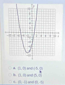 a. (1,0) and (-5,0)
b. (1,0) and (5,0)
C. (0,-1) and (0,-5)