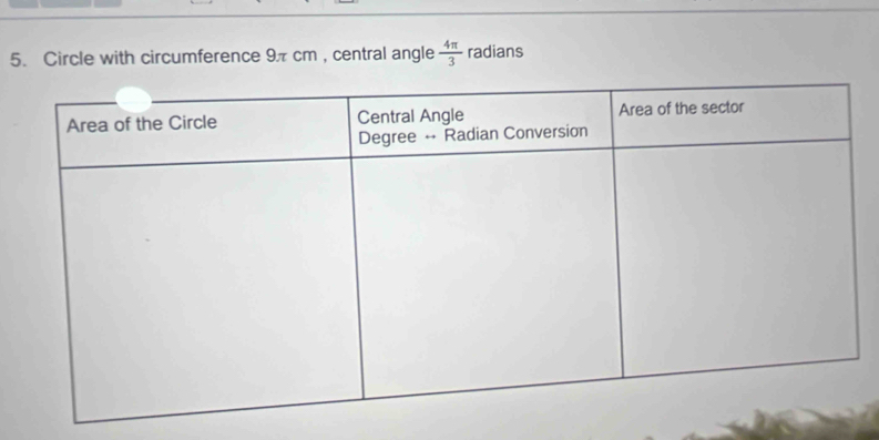 Circle with circumference 97 cm , central angle  4π /3  radians