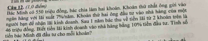 Tim m de pion 
Câu 12. (1,0 điểm) 
Bác Minh có 550 triệu đồng, bác chia làm hai khoản. Khoản thứ nhất ông gửi vào 
hgân hàng với lãi suất 7% /năm. Khoản thứ hai ông đầu tư vào nhà hàng của một 
người bạn đề nhận lãi kinh doanh. Sau 1 năm bác thu về tiền lãi từ 2 khoản trên là
46 triệu đồng. Biết tiền lãi kinh doanh vào nhà hàng bằng 10% tiền đầu tư. Tính số 
tiền bác Minh đã đầu tư cho mỗi khoản?