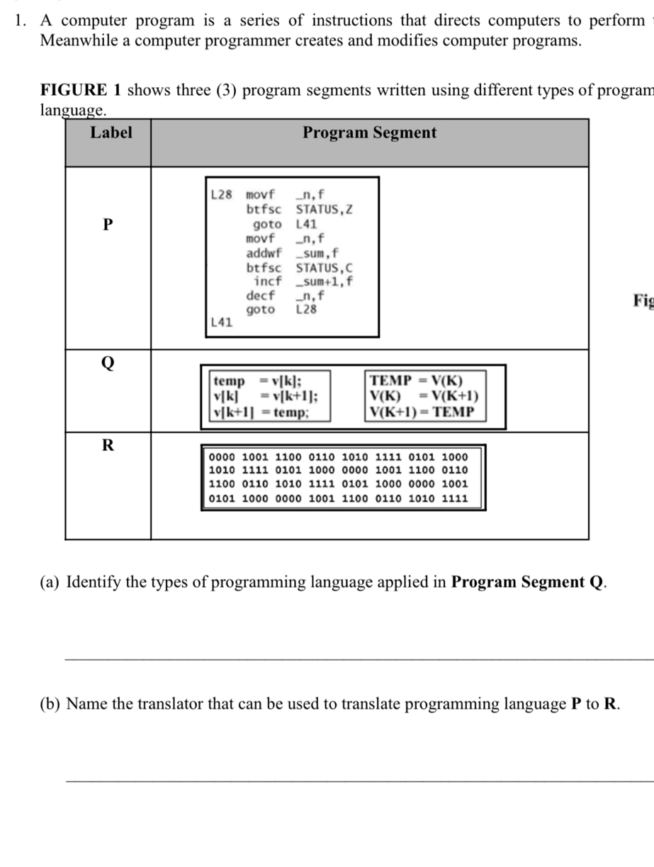 A computer program is a series of instructions that directs computers to perform
Meanwhile a computer programmer creates and modifies computer programs.
FIGURE 1 shows three (3) program segments written using different types of program
Fig
(a) Identify the types of programming language applied in Program Segment Q.
_
(b) Name the translator that can be used to translate programming language P to R.
_