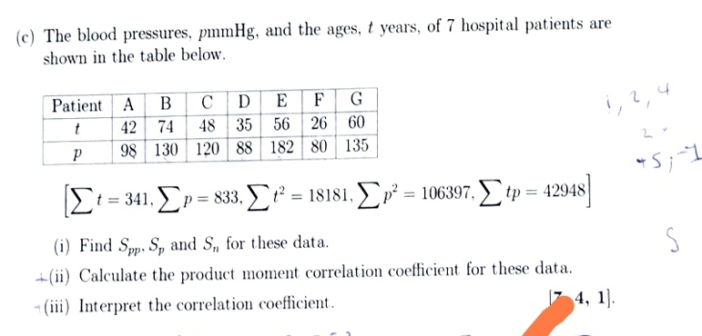 The blood pressures, pmmHg, and the ages, t years, of 7 hospital patients are 
shown in the table below.
[sumlimits t=341, sumlimits p=833. sumlimits t^2=18181, sumlimits p^2=106397, sumlimits tp=42948 ] 
(i) Find S_pp, S_p and S_n for these data. 
+(ii) Calculate the product moment correlation coefficient for these data. 
(iii) Interpret the correlation coefficient. [74,1].