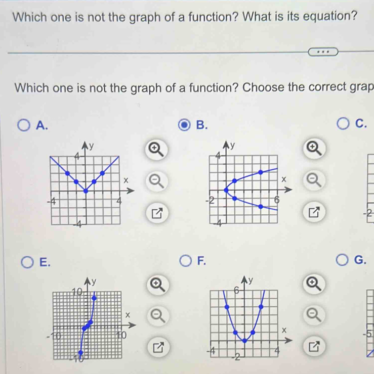 Which one is not the graph of a function? What is its equation?
Which one is not the graph of a function? Choose the correct grap
A.
B.
C.
④
④
-2
E.
F.
G.
4
+
-5