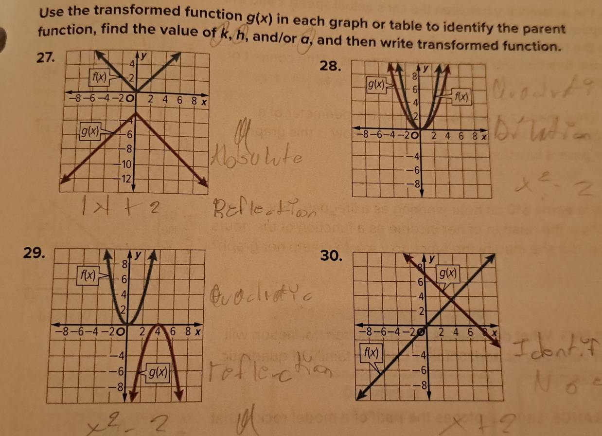 Use the transformed function g(x) in each graph or table to identify the parent
function, find the value of k, h, and/or α, and then write transformed function.
27
28
 
230.