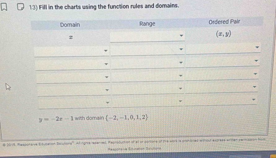 Solved: Fill in the charts using the function rules and domains. y=-2x ...