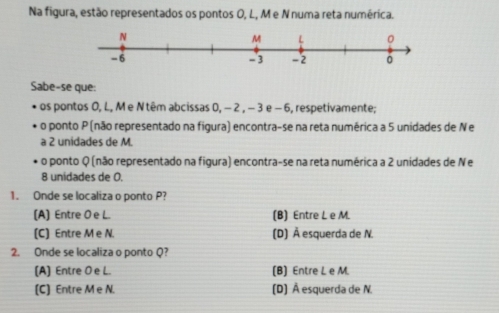 Na figura, estão representados os pontos O, L, M e N numa reta numérica.
Sabe-se que:
os pontos O, L, M e N têm abcissas 0, − 2 , − 3 e - 6, respetivamente;
o ponto P (não representado na figura) encontra-se na reta numérica a 5 unidades de Ne
a 2 unidades de M.
o ponto Q (não representado na figura) encontra-se na reta numérica a 2 unidades de Ne
8 unidades de 0.
1. Onde se localiza o ponto P?
(A) Entre O e L. (B) Entre L e M.
(C) Entre M e N. (D) À esquerda de N.
2. Onde se localiza o ponto Q?
(A) Entre O e L. (B) Entre L e M.
(C) Entre M e N. (D) À esquerda de N.