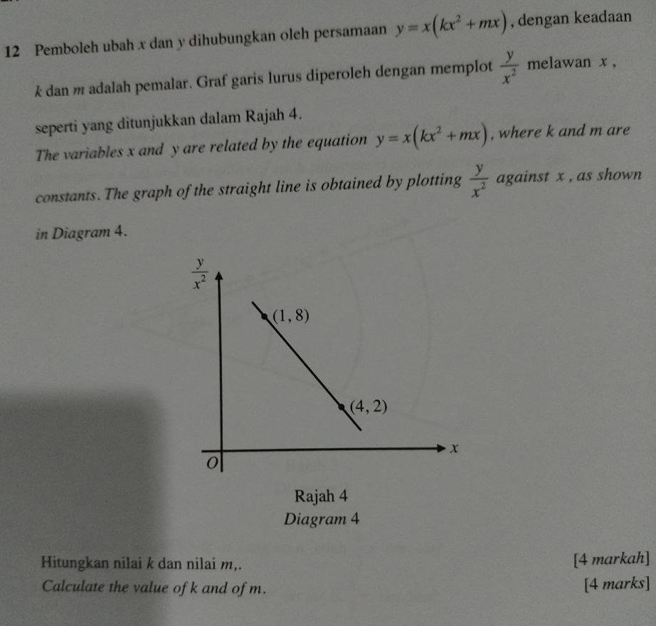 Pemboleh ubah x dan y dihubungkan oleh persamaan y=x(kx^2+mx) , dengan keadaan
k dan m adalah pemalar. Graf garis lurus diperoleh dengan memplot  y/x^2  melawan x,
seperti yang ditunjukkan dalam Rajah 4.
The variables x and y are related by the equation y=x(kx^2+mx) , where k and m are
constants. The graph of the straight line is obtained by plotting  y/x^2  against x , as shown
in Diagram 4.
Rajah 4
Diagram 4
Hitungkan nilai k dan nilai m,.
[4 markah]
Calculate the value of k and of m. [4 marks]